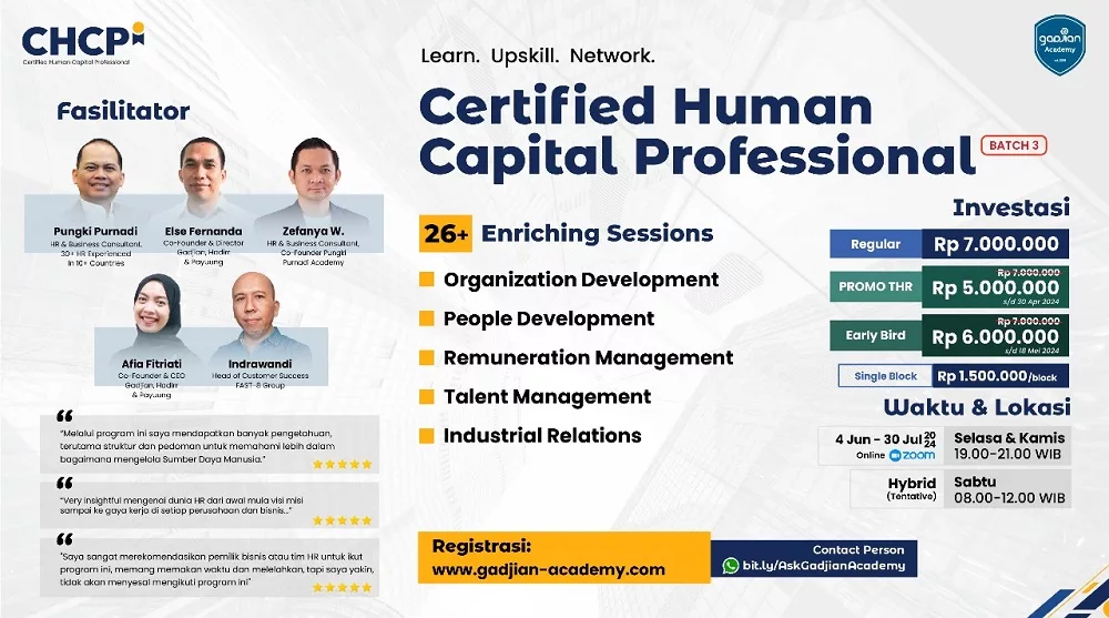 Training HRD 2024 Program CHCP Certified Human Capital Professional dari Gadjian Academy