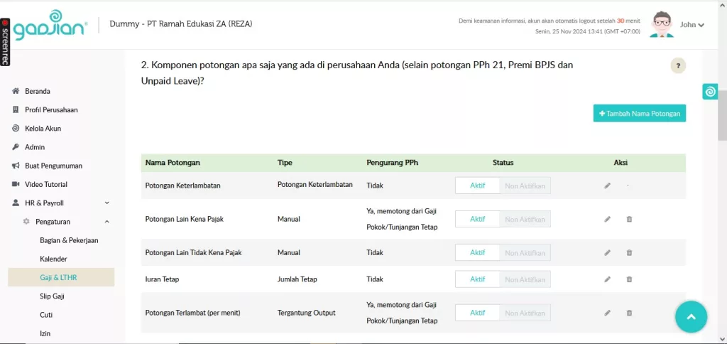 Komponen Perhitungan Potongan Gaji atas Keterlambatan Masuk Kerja di aplikasi Gadjian